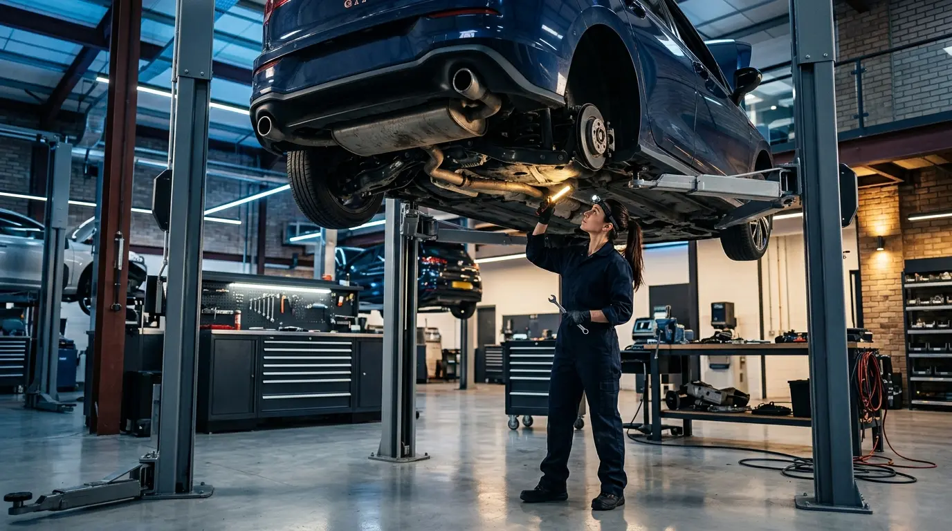 Mechanic servicing a vehicle raised on a lift