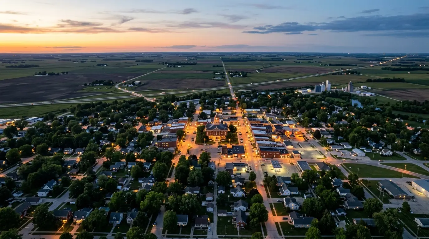 Aerial view of Decatur, Illinois at dusk