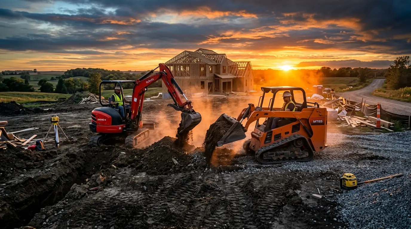 Compact excavator and skid steer working a Decatur jobsite at sunset