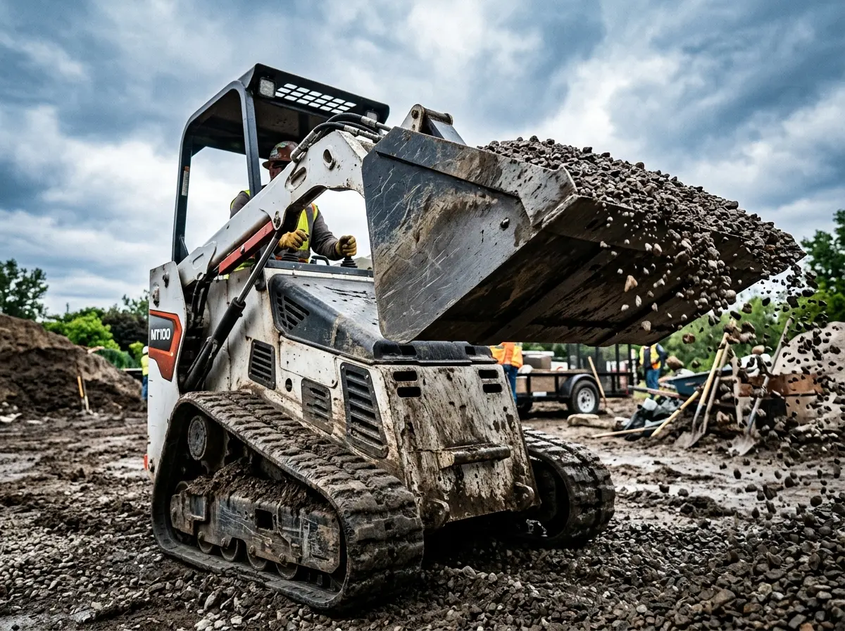 Mini skid steer lifting a bucket of gravel on a jobsite
